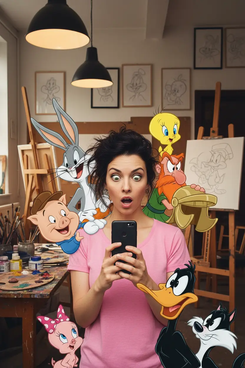 Femme prenant un selfie dans un studio d’art cartoon ludique