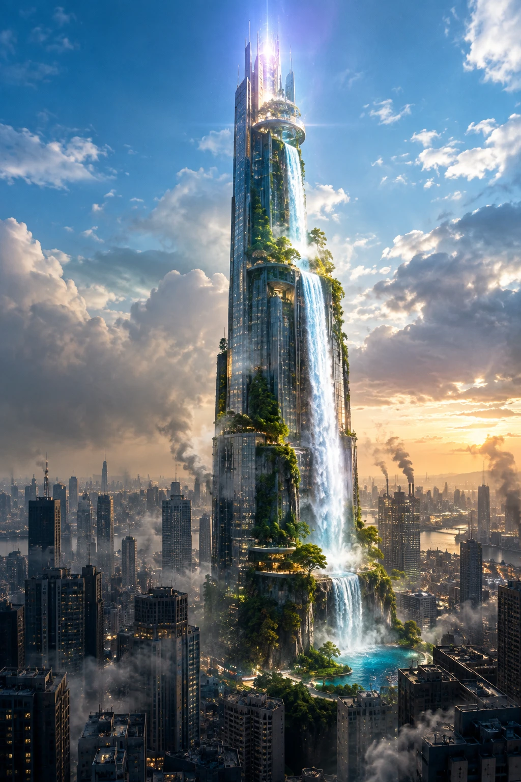 Arranha-céu futurista com topo brilhante e cachoeira em cascata