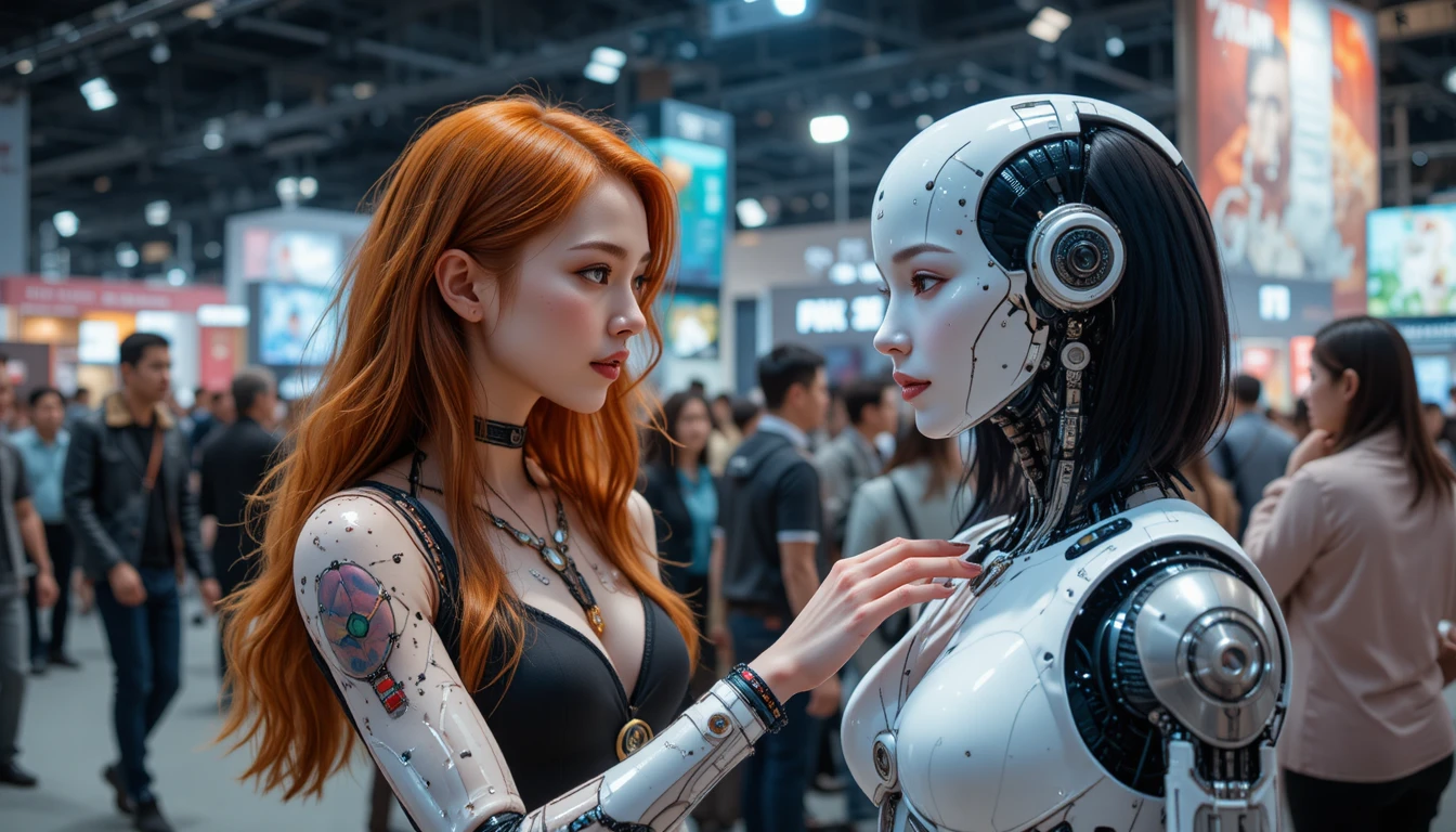 Couple lesbien rencontre un robot cyberpunk plus vrai que nature à une expo