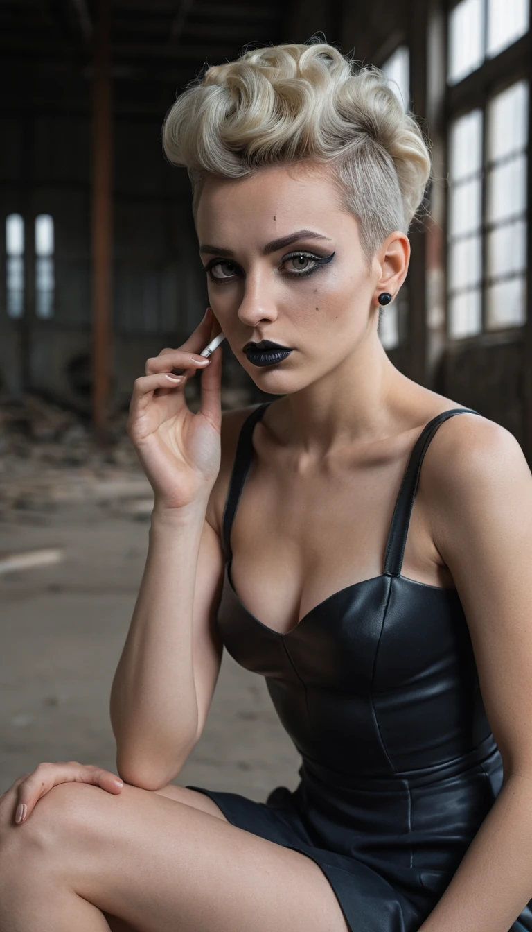 Frau im Latexkleid im verlassenen Lagerhaus – Porträt