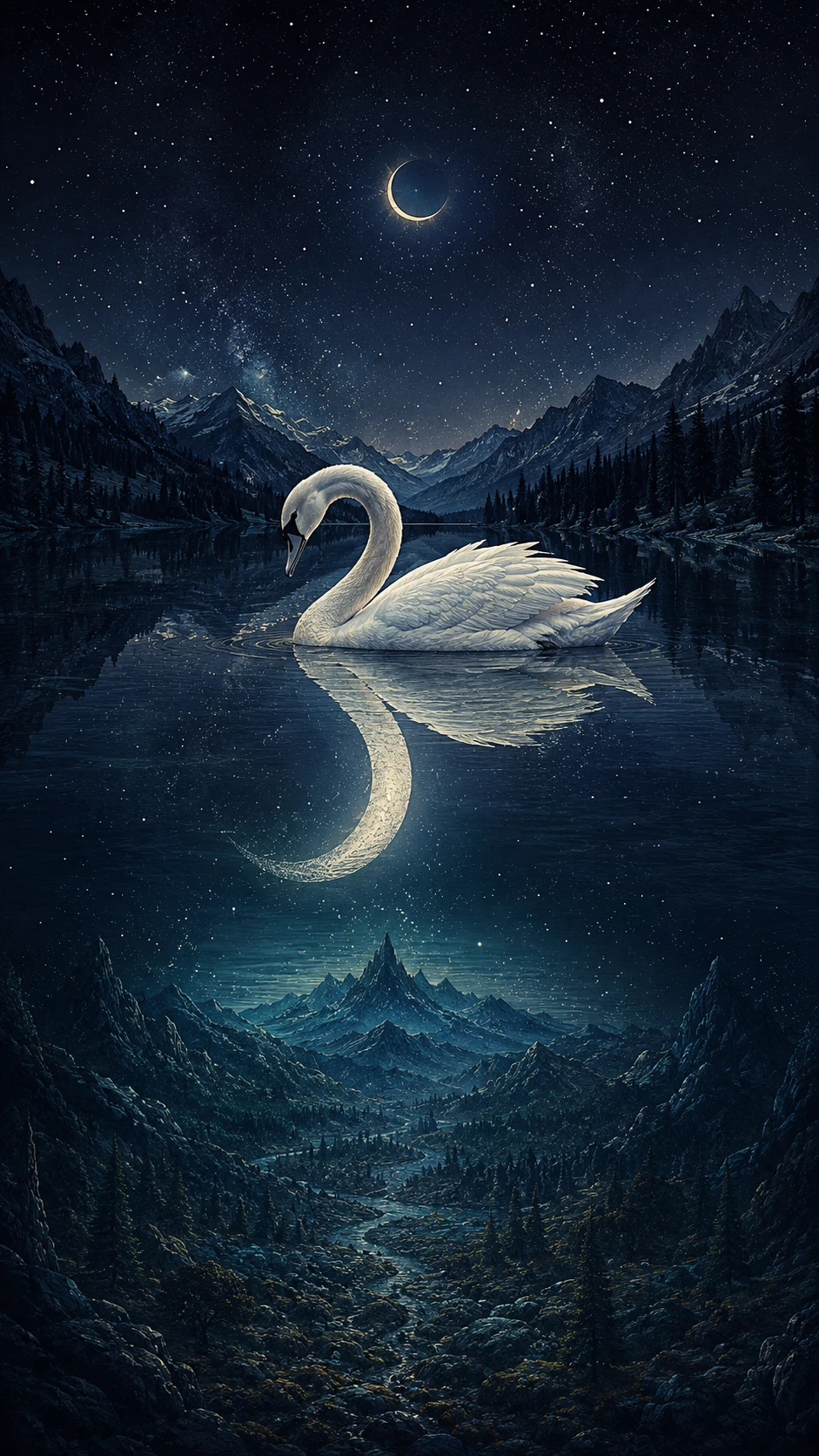 Cygne blanc sur un lac immobile à minuit avec reflet au clair de lune