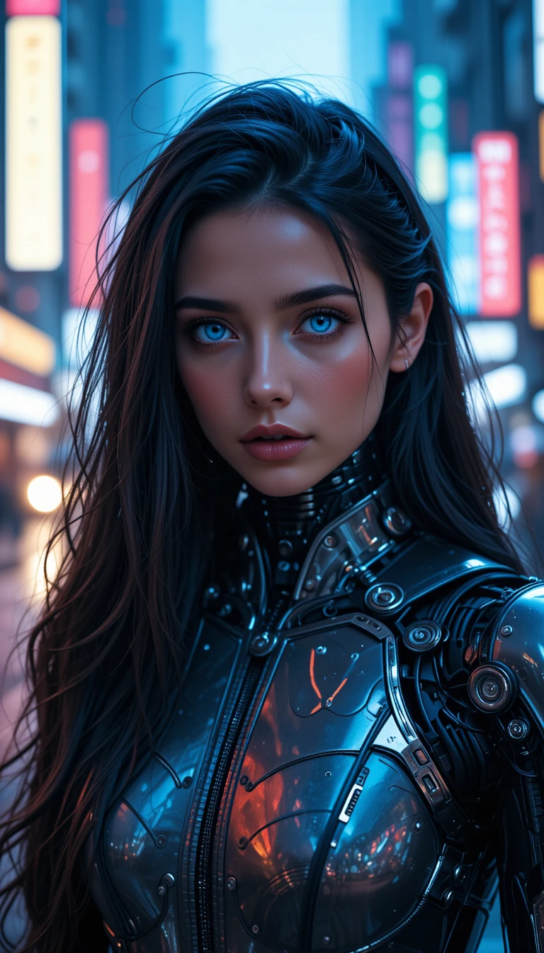 Cyborg woman in a futuristic city beside a DeLorean