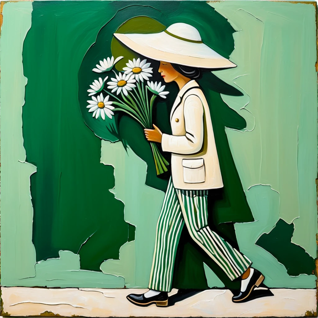 Pintura folk de um homem com margaridas e chapéu creme de aba larga