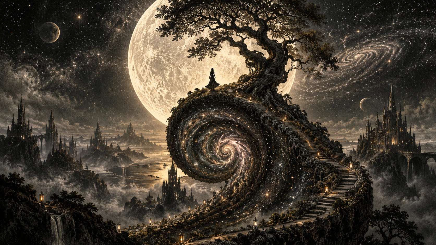 Femme au sommet en spirale sous une pleine lune lumineuse