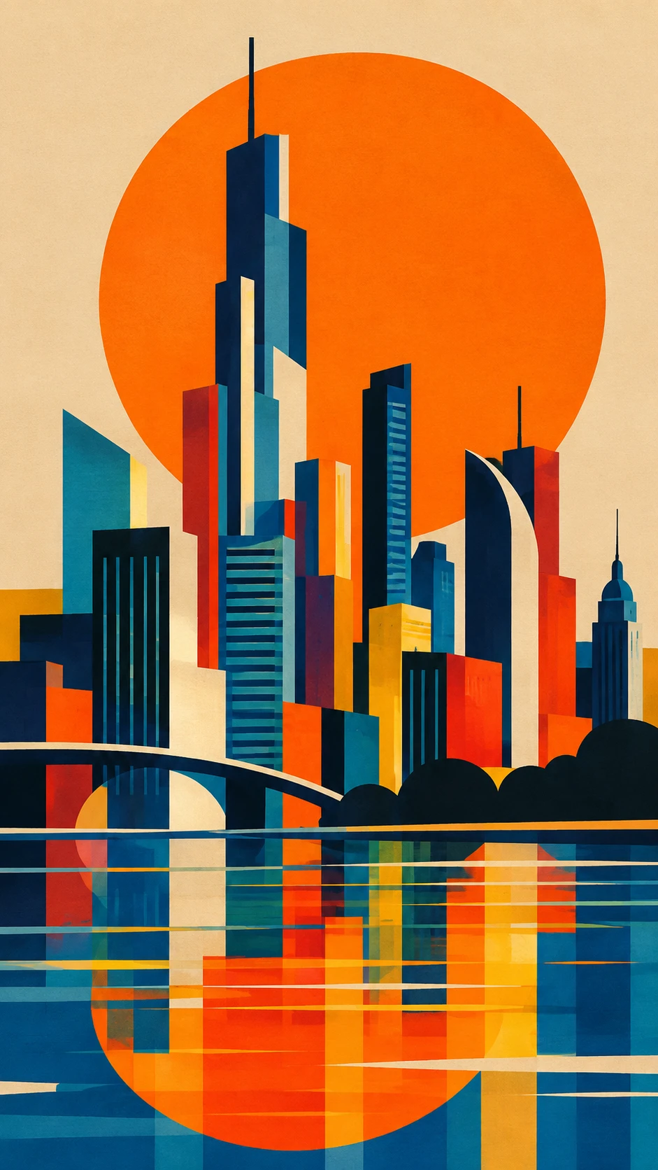 Skyline urbano moderno astratto con un grande sole arancione