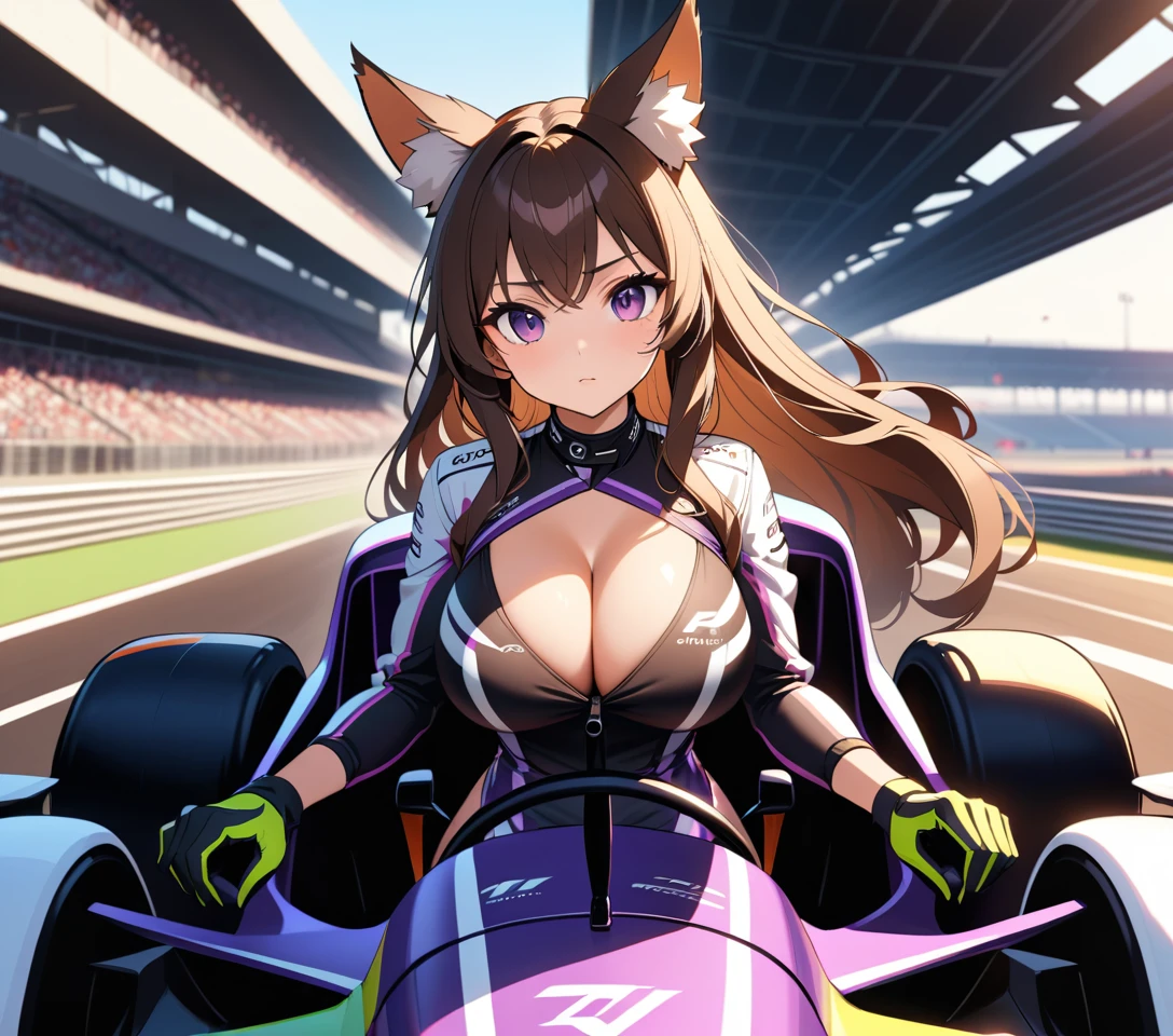 Pilote de F1 au style anime avec oreilles de renard dans le cockpit avant la course