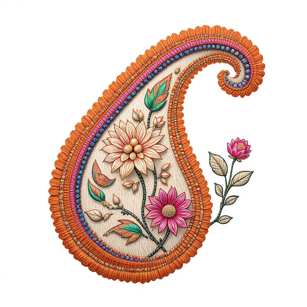 Intricate paisley motif with floral embroidery style details