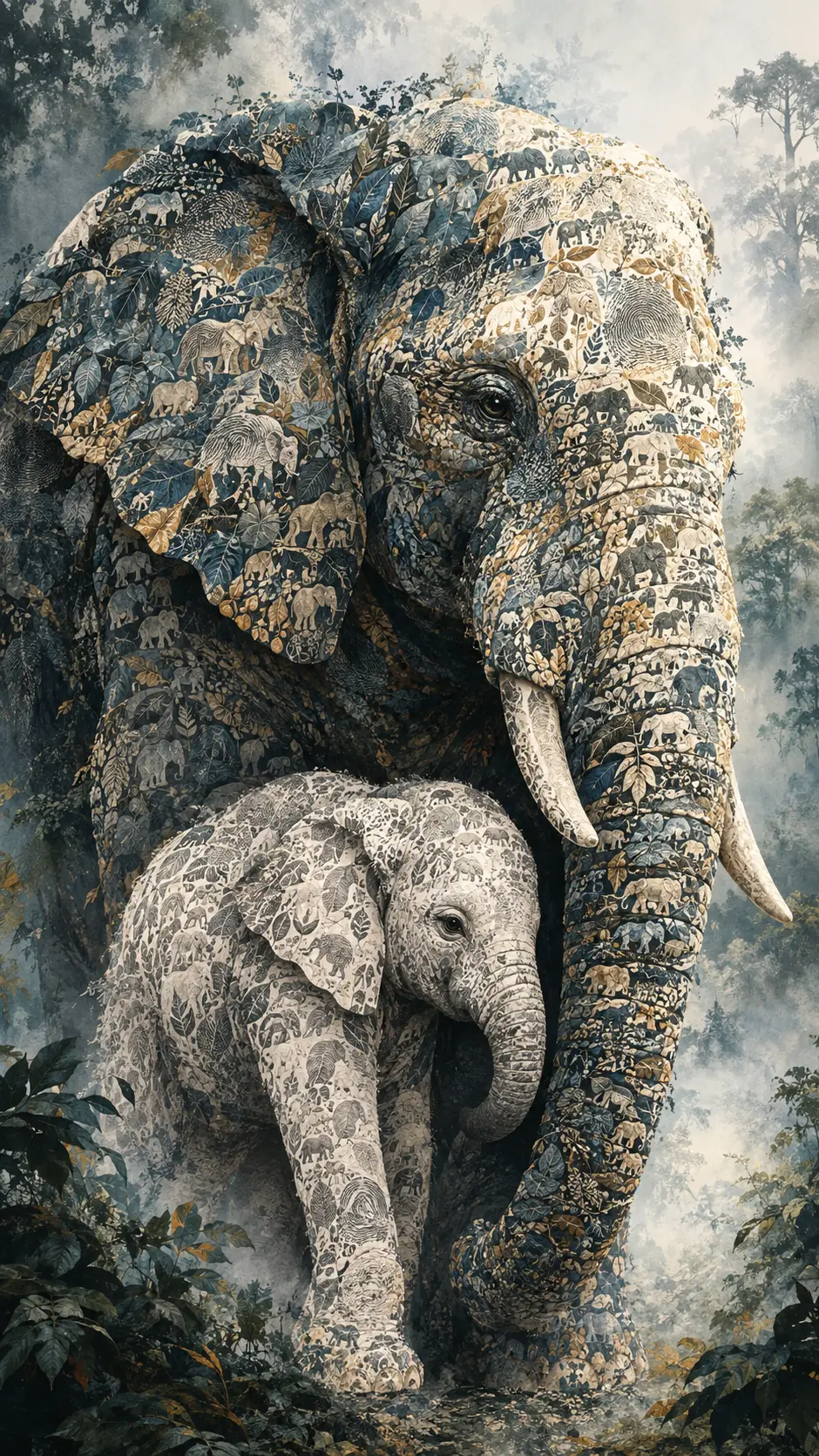Elephant Mother Guarding Her Calf In A Misty Jungle