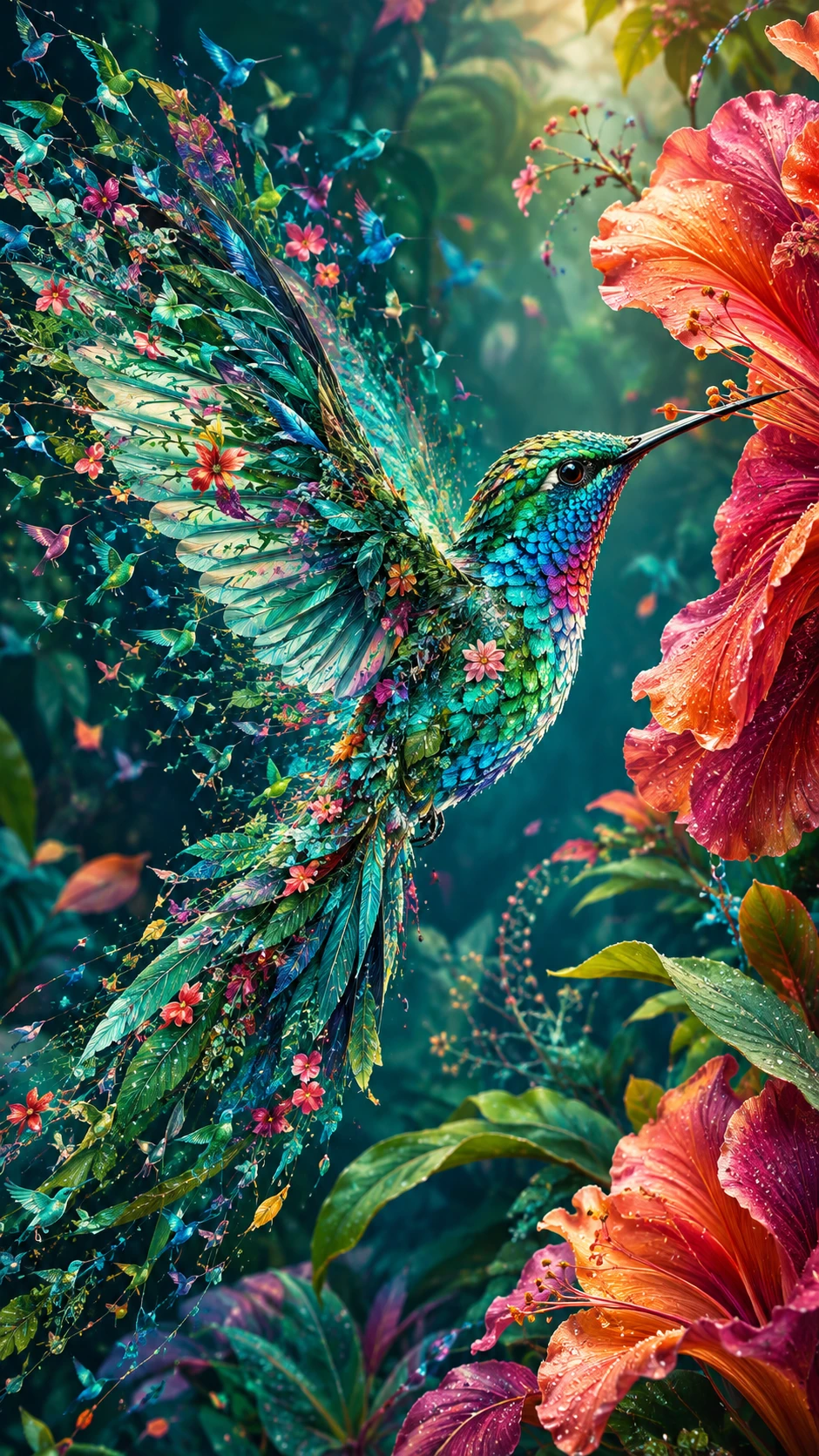 Colibri aux tons de bijoux planant parmi d’immenses fleurs exotiques
