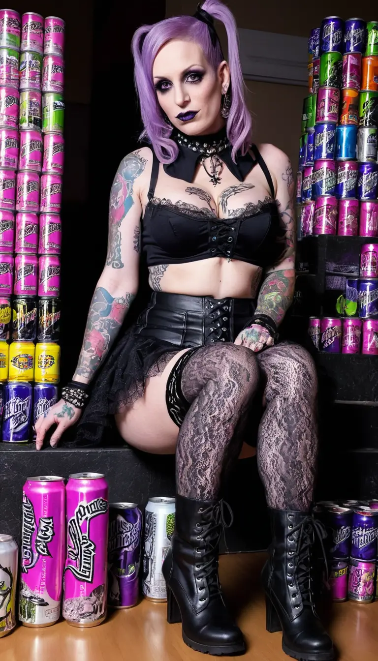 Tattooed goth woman in lace and pink miniskirt