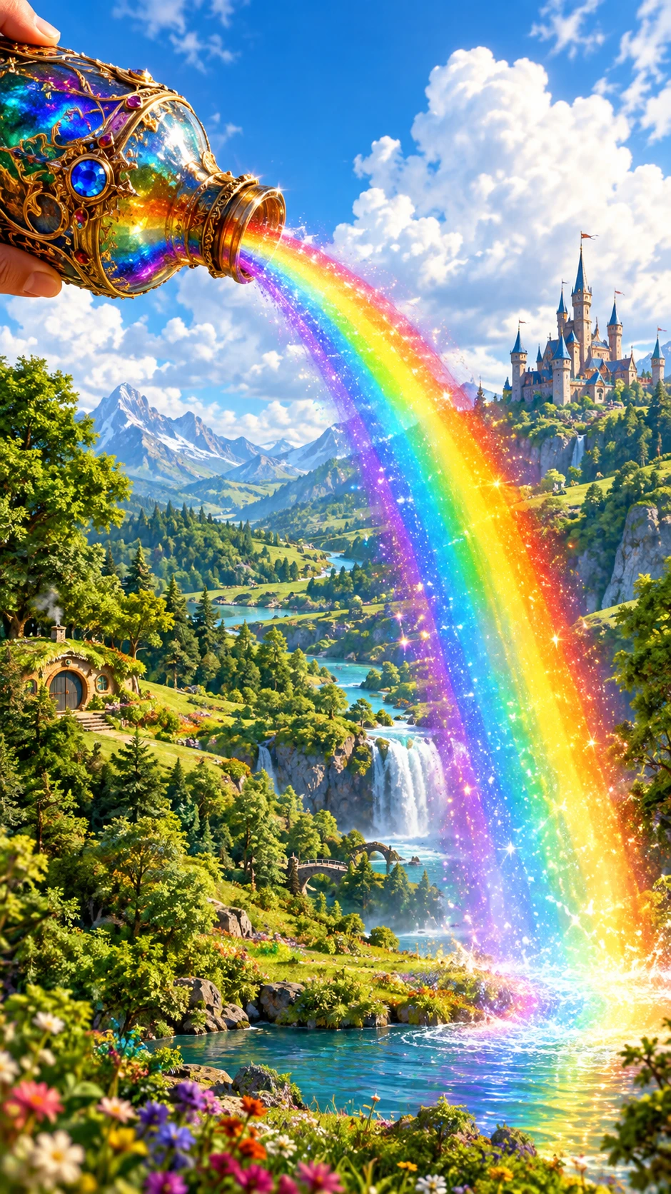 Magia do arco‑íris fluindo de uma garrafa sobre uma paisagem de fantasia