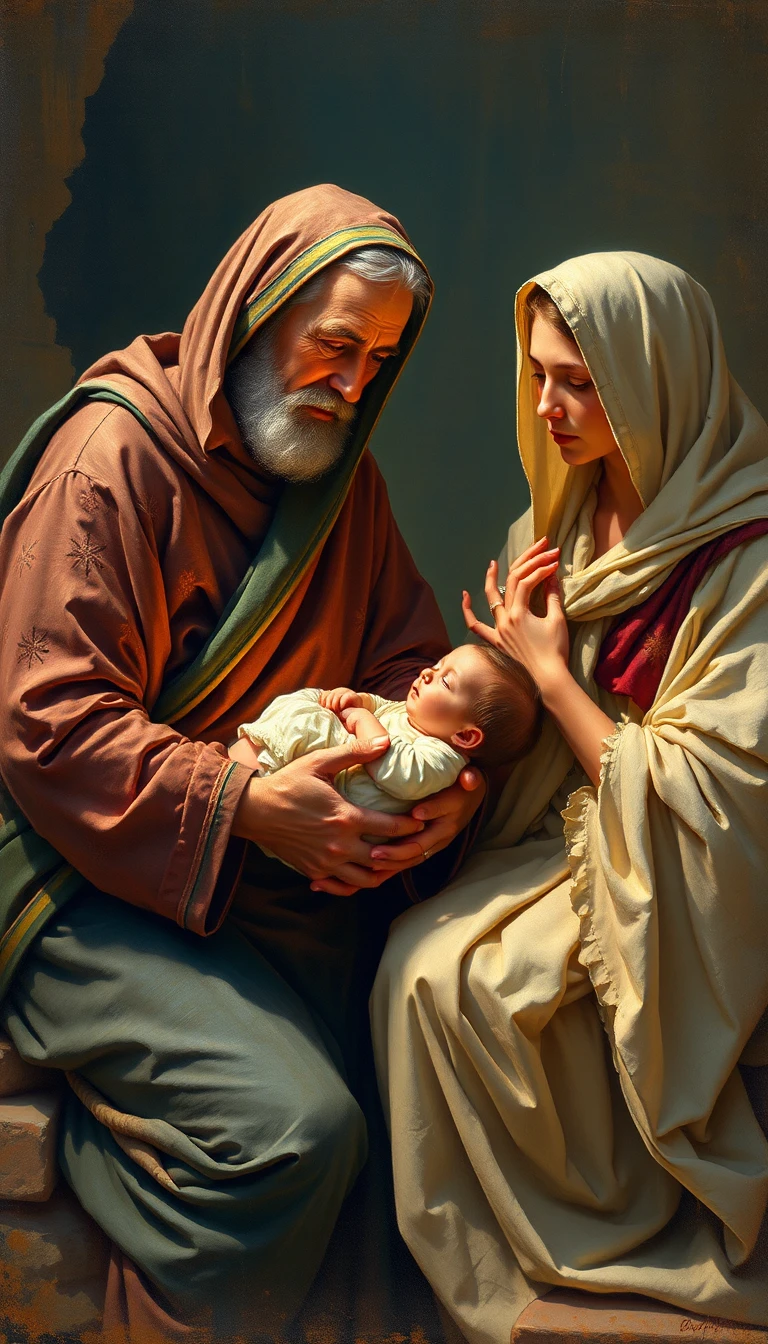 Young mary holding jesus before simeon in nazareth interior