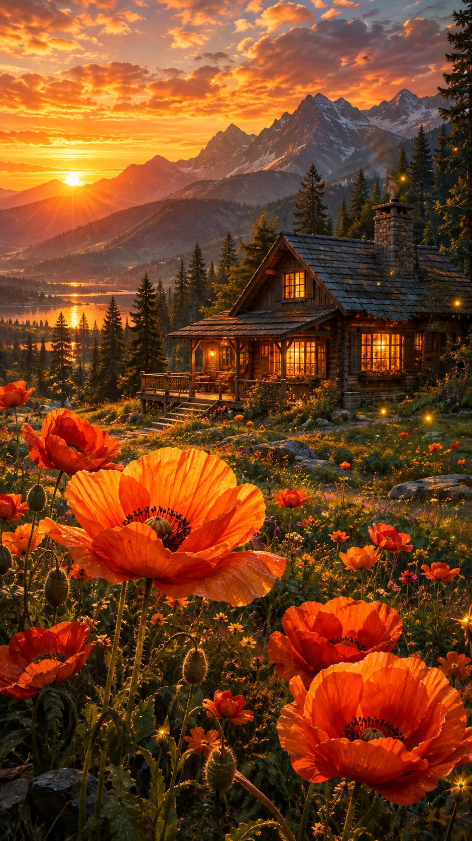 Cabana rústica na montanha entre papoulas brilhantes ao pôr do sol