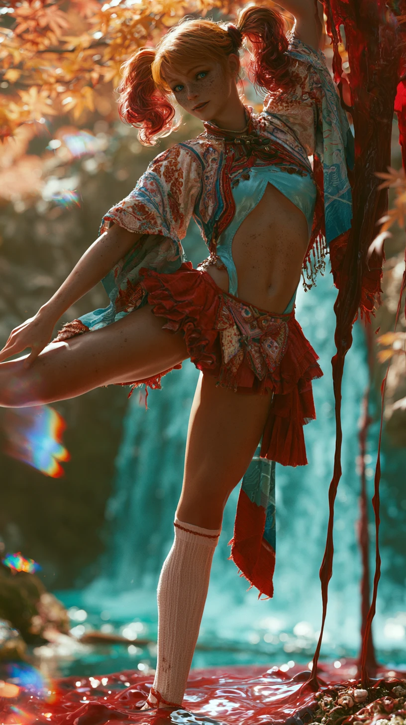Chica Akha en equilibrio con vestido tribal junto a una cascada resplandeciente