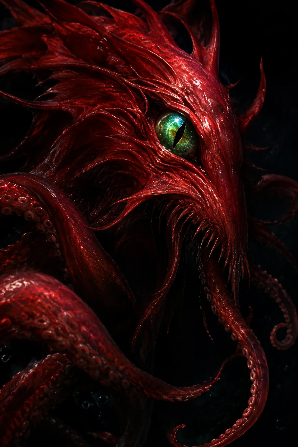 Furchteinflößendes Rotes Meeresmonster mit Grünem Einzelauge