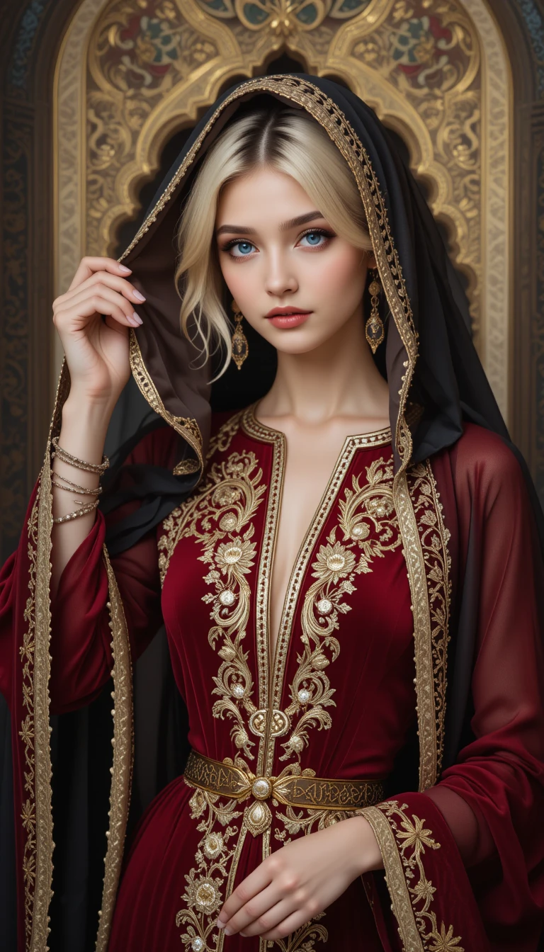Retrato de elegante mulher argelina em caftã de veludo vermelho
