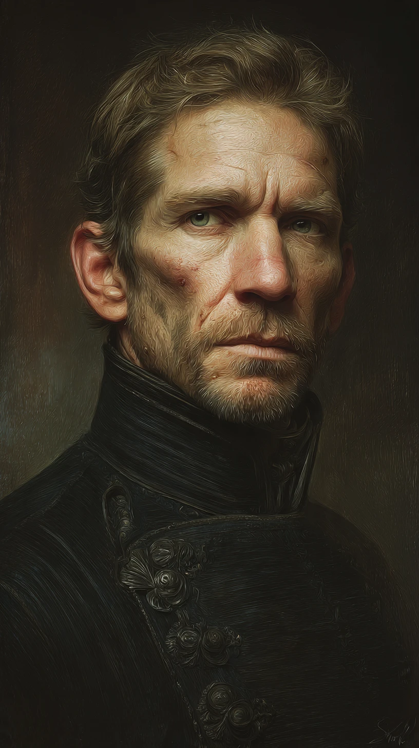 Militar con cicatrices y ojos verdes en retrato de fantasía