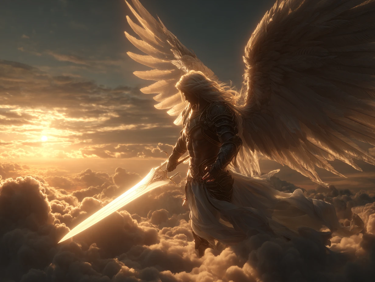 Maestoso angelo maschile con spada luminosa tra le nuvole al tramonto