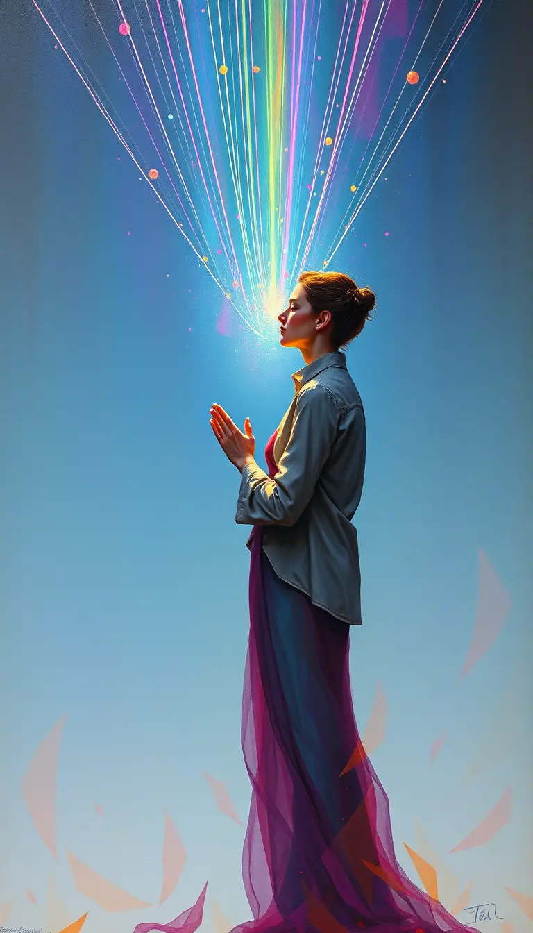 Femme en prière dans un espace cosmique pastel baigné de lumière fluide