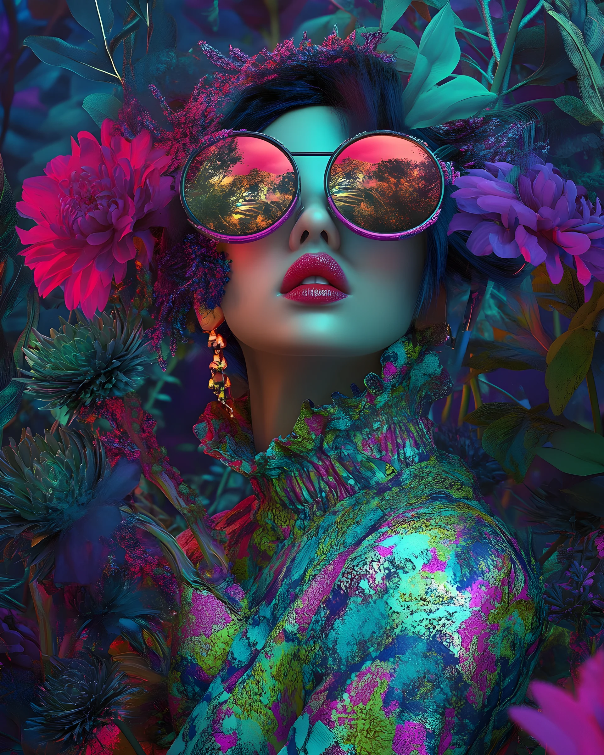 Mulher cyberpunk em uma paisagem neon onírica e surreal