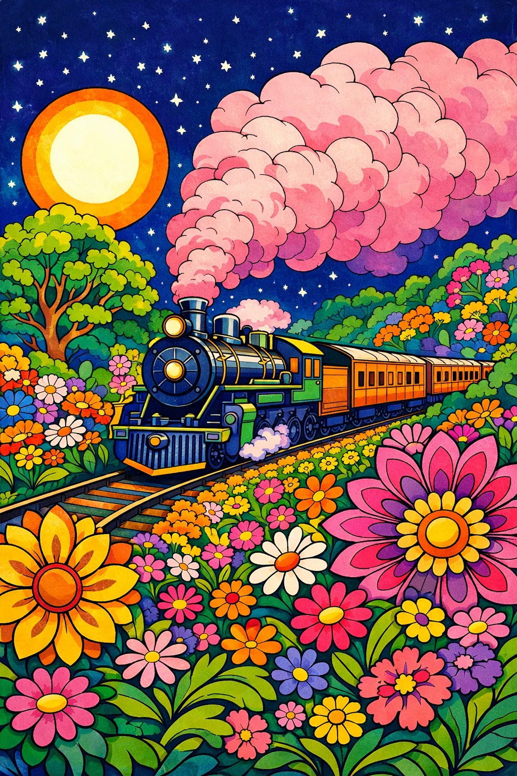Psychedelische Dampflok überquert eine bunte Blumenlandschaft