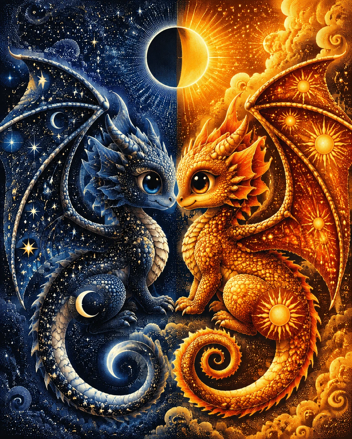Süße Mond- und Sonnen-Baby-Drachen berühren sich mit den Nasen am Himmel