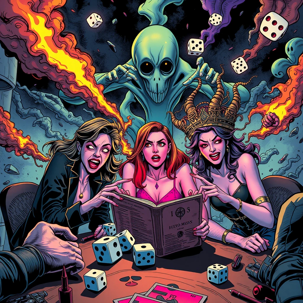 Chaotic tabletop séance with panicked friends and ghosts