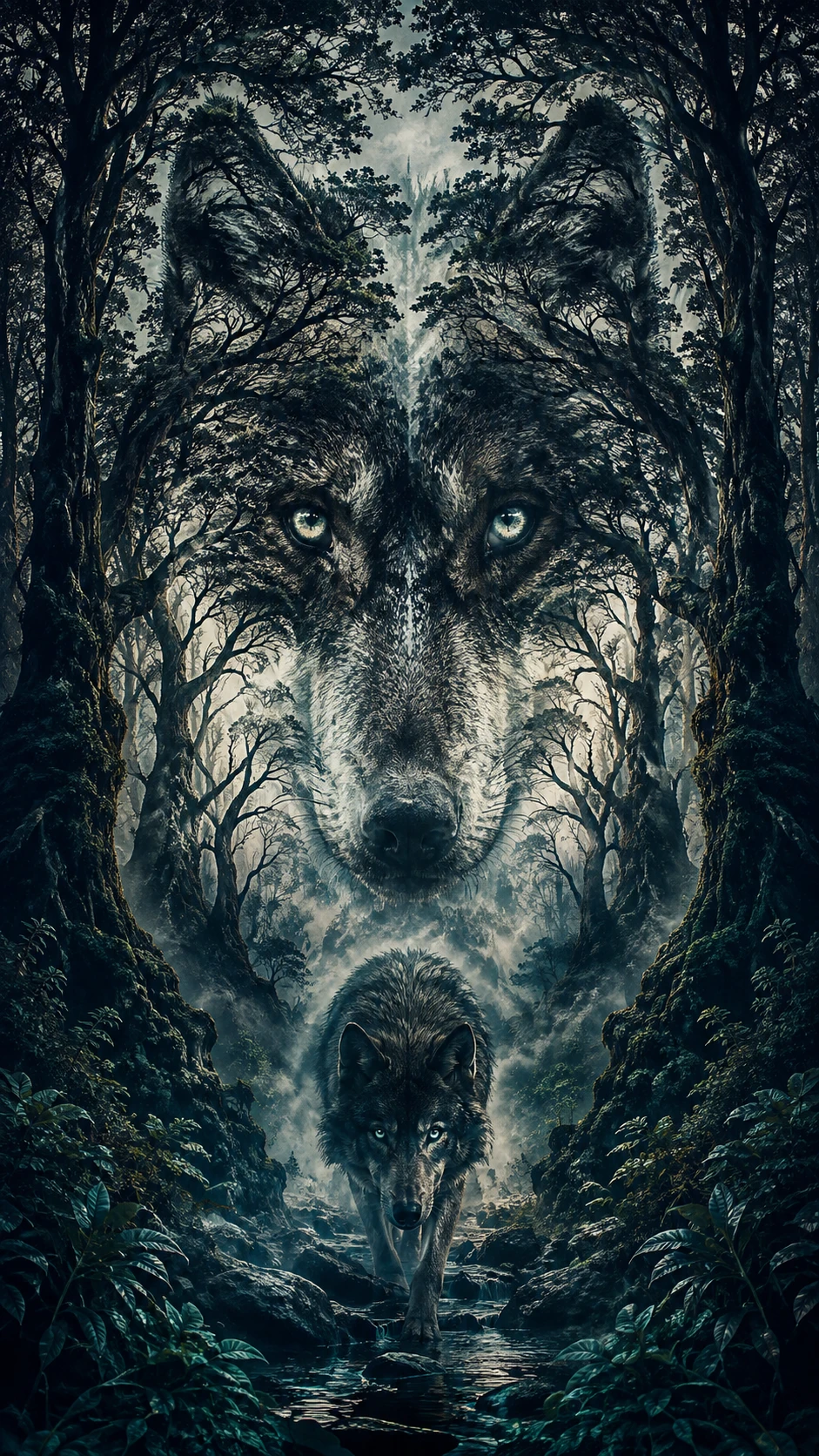 Floresta antiga formando o sutil rosto de um lobo
