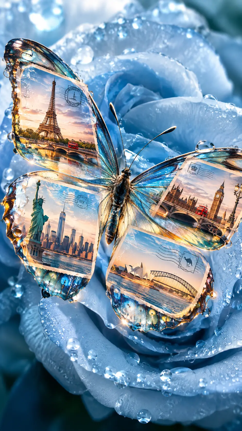 Macro butterfly with travel postcards on delicate blue rose