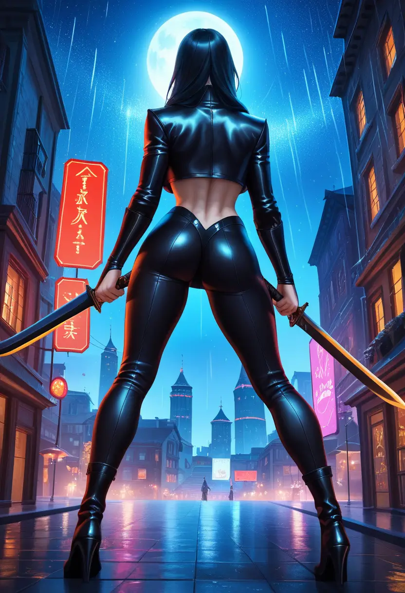 Assassin woman on a rainy neon lit city rooftop at night