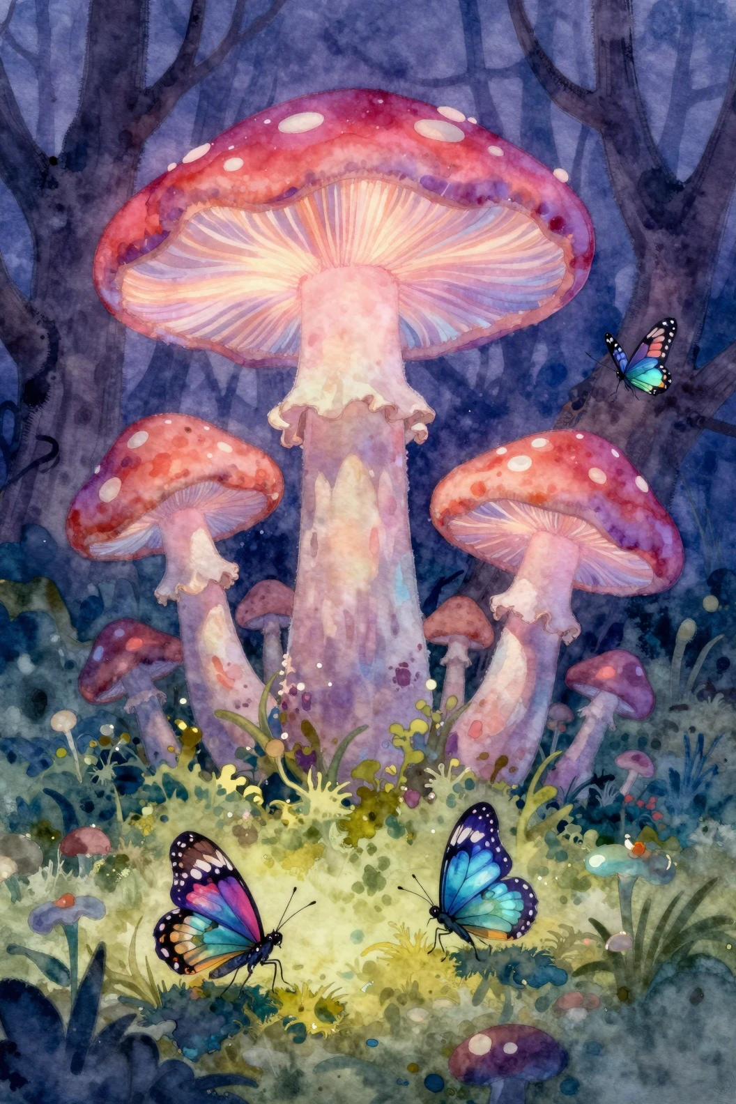 Floresta de Cogumelos Bioluminescentes com Borboleta Iridescente