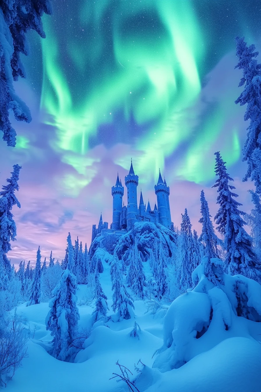 Castelo medieval na neve sob um céu noturno repleto de aurora