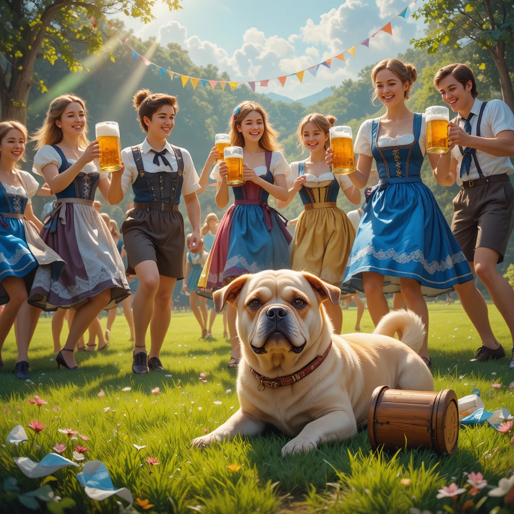 Alegre dança de Oktoberfest em um prado verde ensolarado