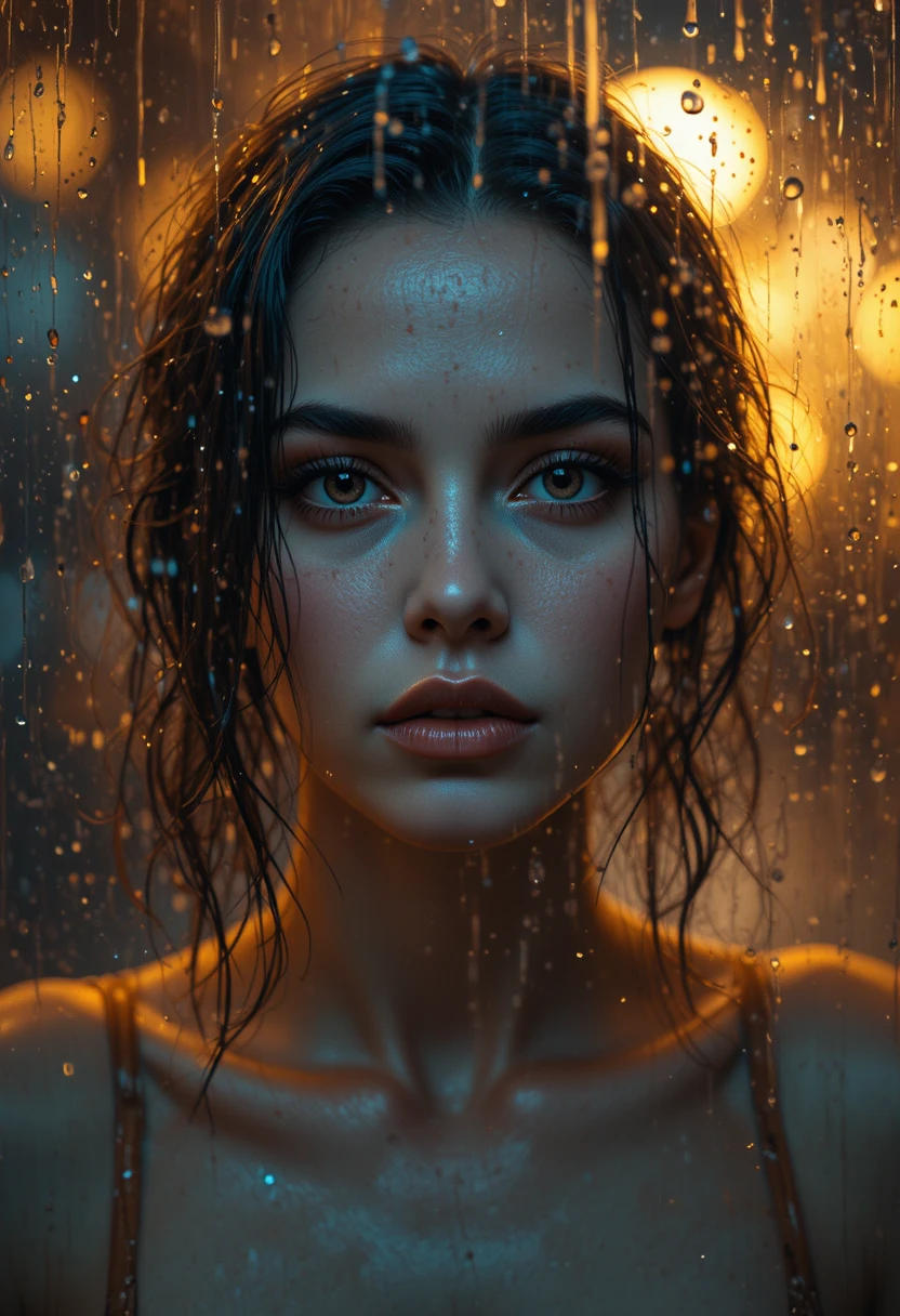 Mulher atrás de vidro chuvoso em iluminação de retrato quente e sensual