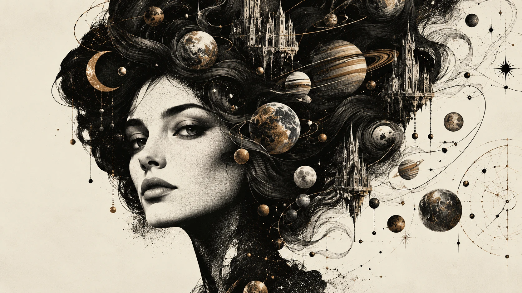 Retrato surreal de uma mulher com um universo cósmico nos cabelos