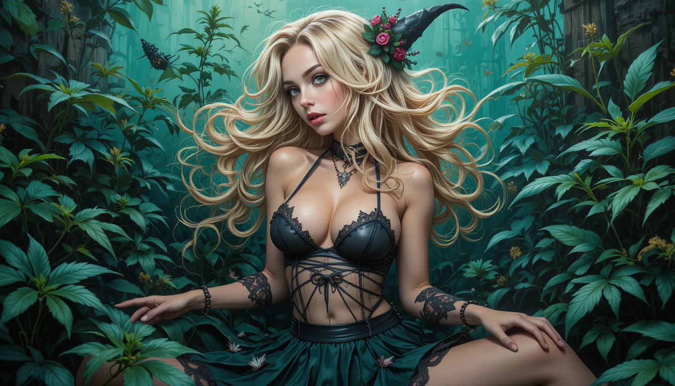 Pin-up loira estilizada em pose dinâmica e sedutora