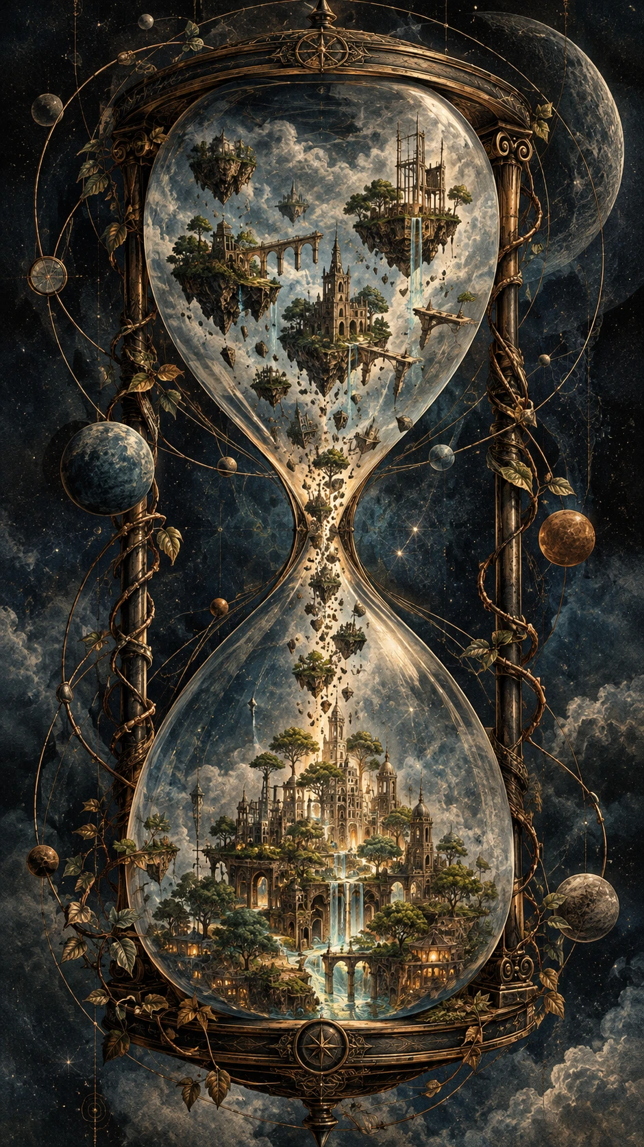 Ampulheta surreal de mundos inacabados sobre uma cidade luminosa
