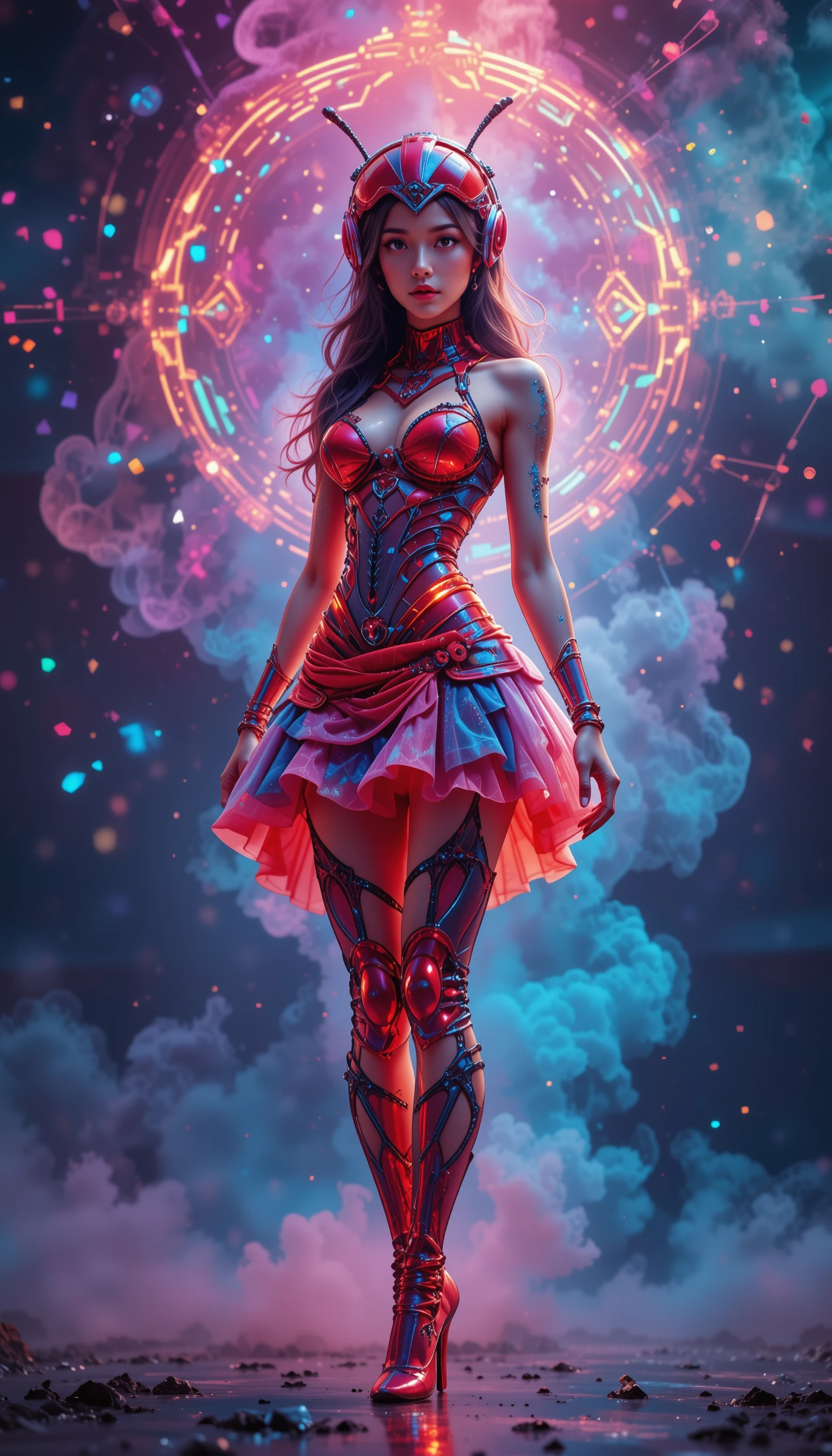 Mulher sci-fi hiper-realista com capacete de joaninha luminosa