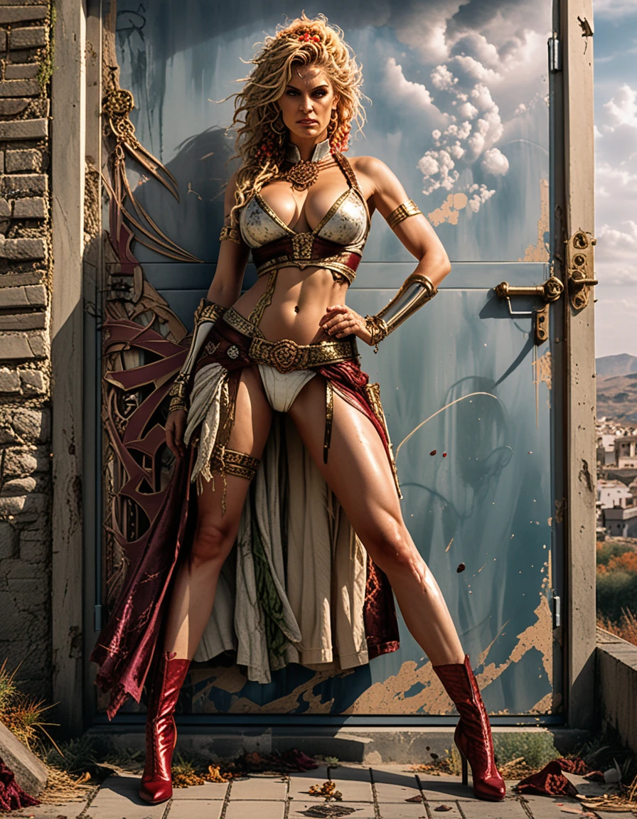 Mulher loira sedutora em pose pin-up de cosplay de fantasia sci-fi