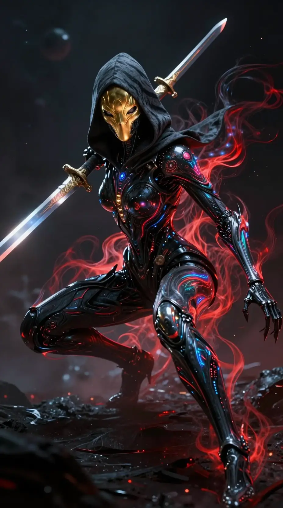 Cybernetic phantom woman assassin in a crouched battle stance
