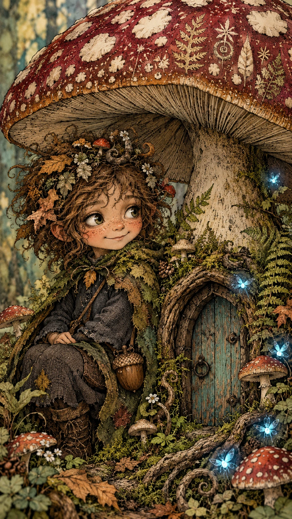 Guardião de floresta fantasioso ao lado de uma minúscula porta de cogumelo