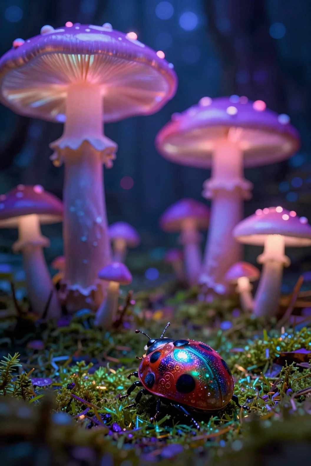 Forêt Fantastique Lumineuse avec Champignons Bioluminescents et Coccinelle