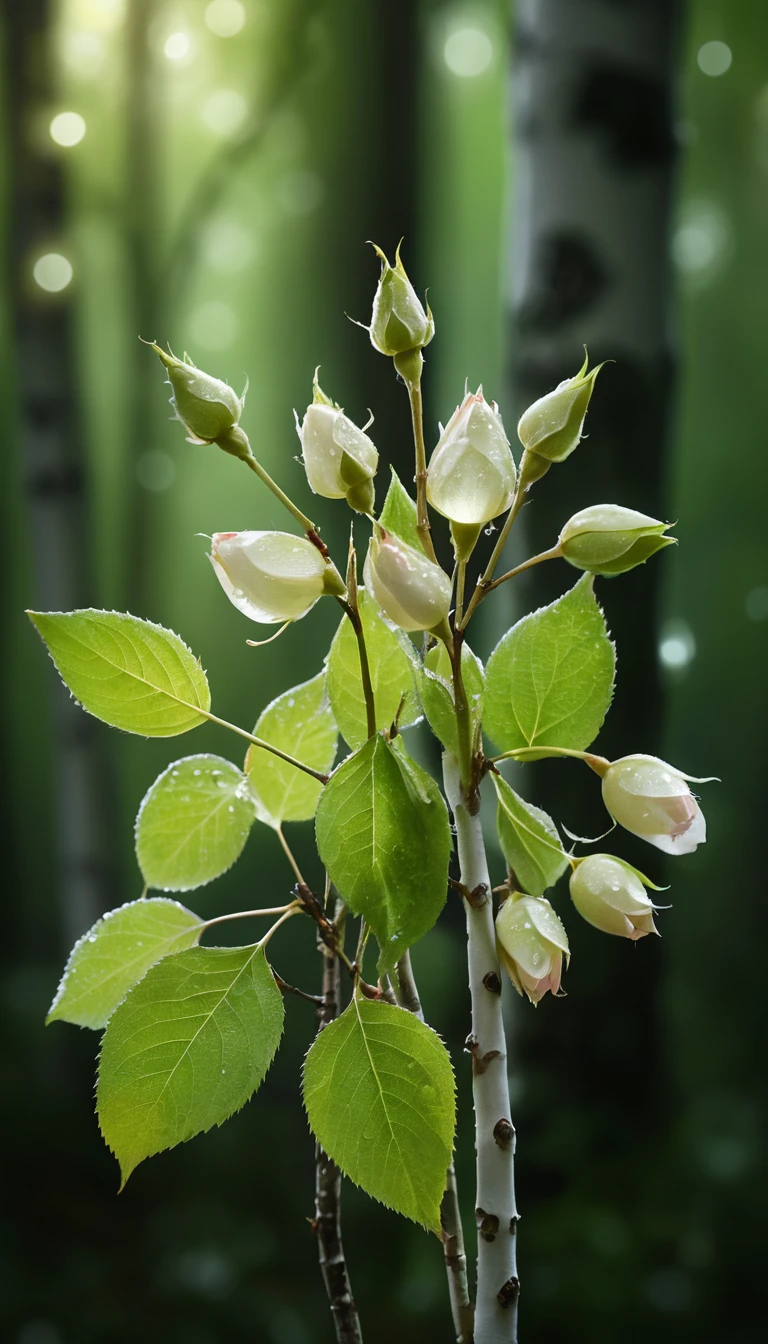 Leuchtende Birkenblatt-Rosenknospen in einem sanften Nachtwald