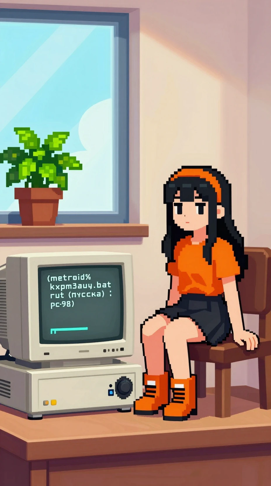 Garota de anime sentada ao lado de um computador vintage PC-98 no quarto