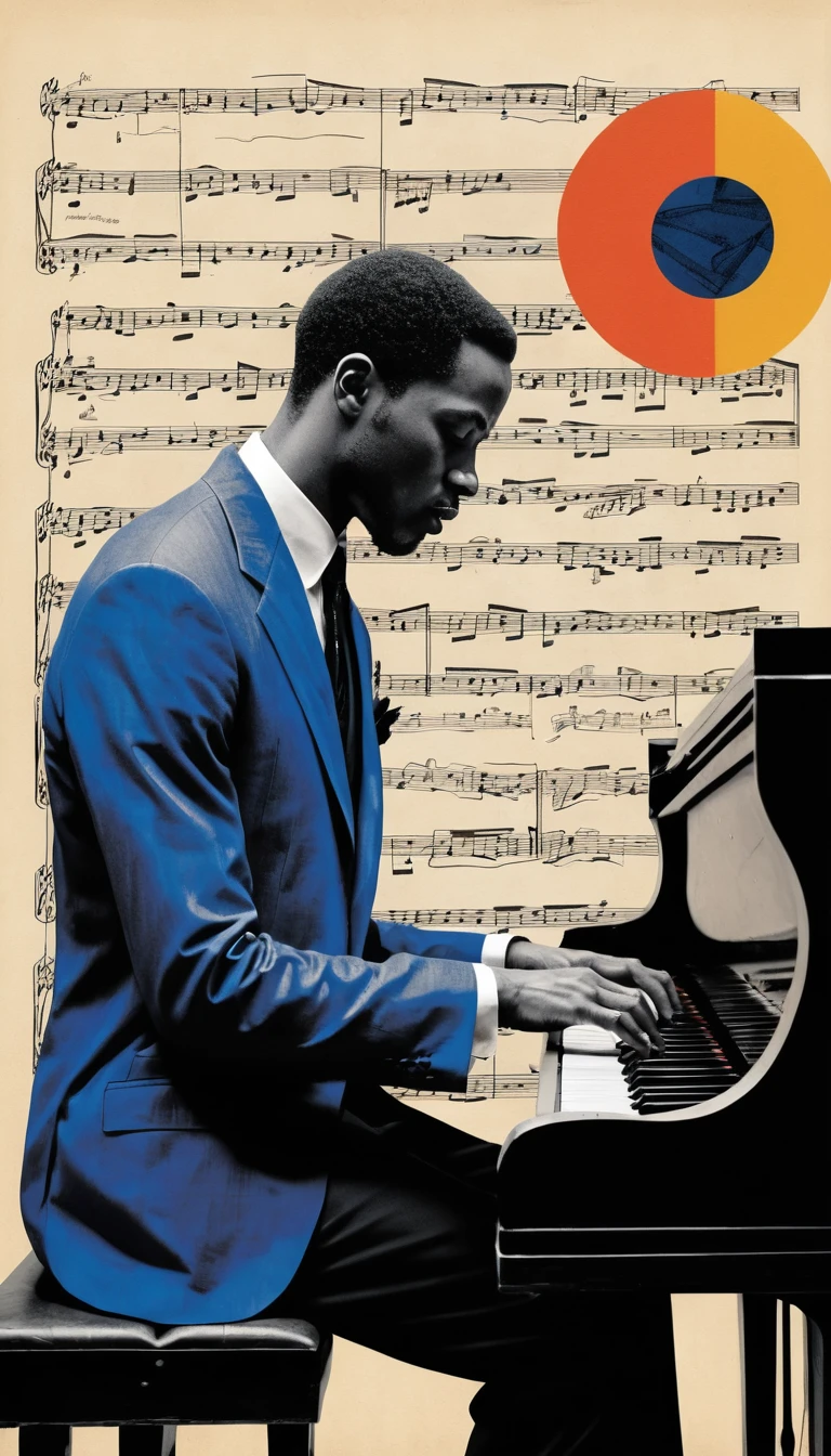 Colagem de pianista de jazz em perfil com partituras vintage