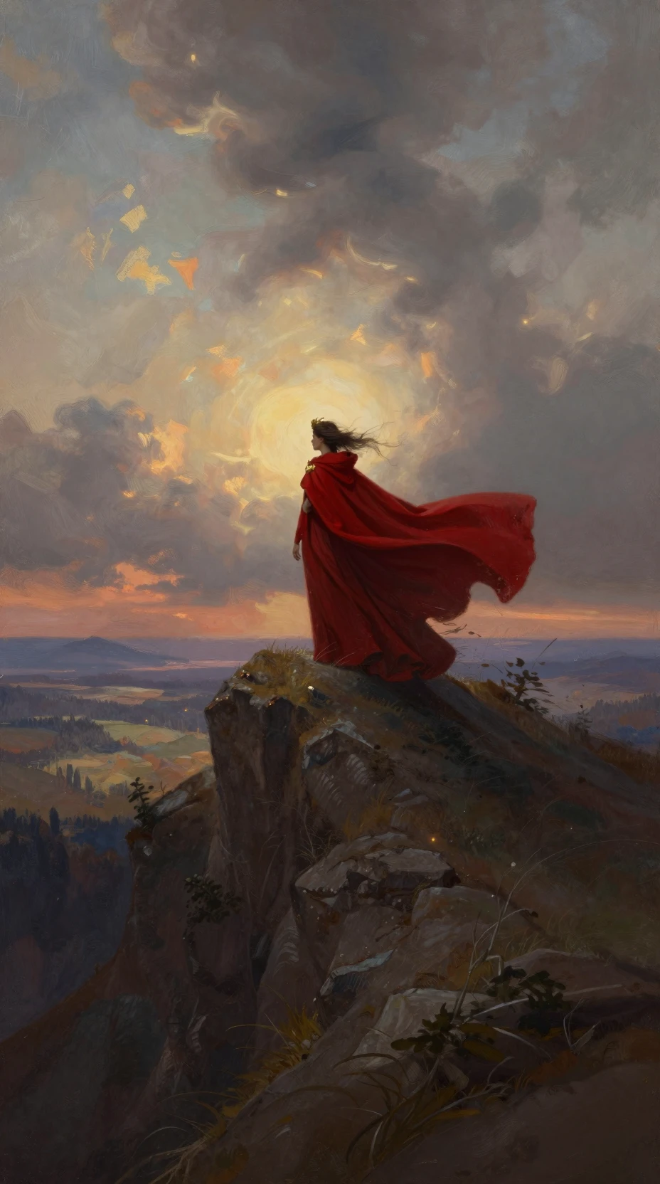 Rainha observando uma selvagem vastidão montanhosa ao crepúsculo