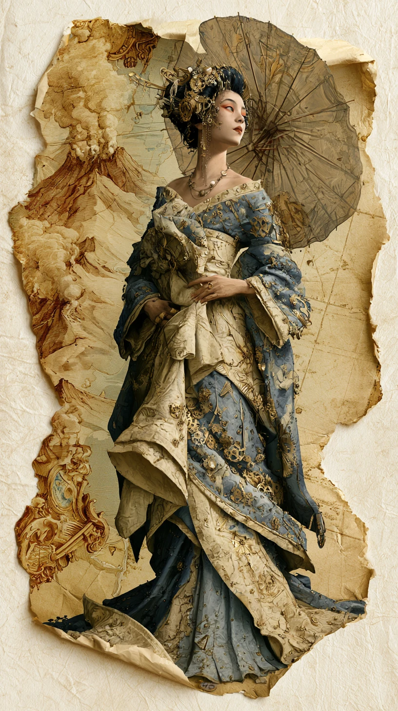 Geisha steampunk en una página rasgada del cuaderno de bitácora de un dirigible