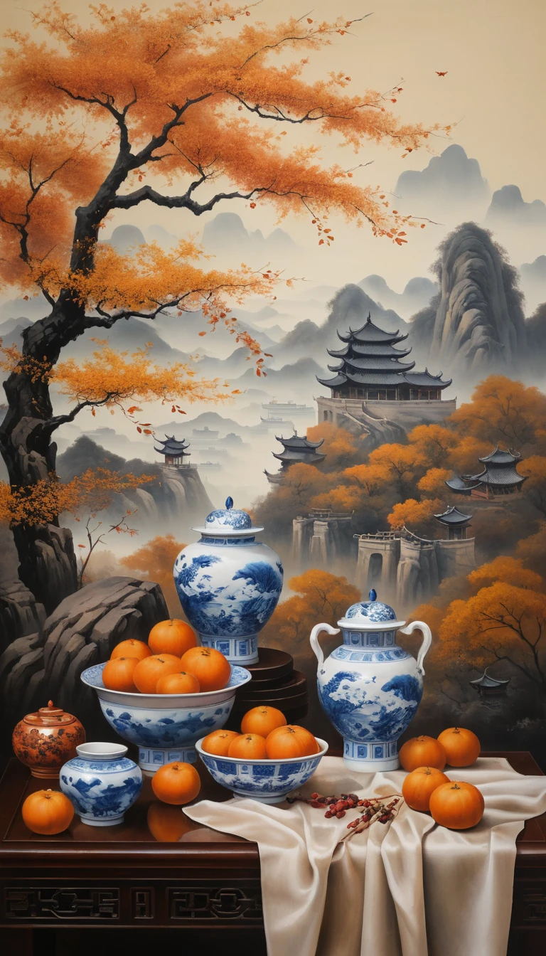 Natureza-morta ao entardecer diante de uma paisagem chinesa tradicional