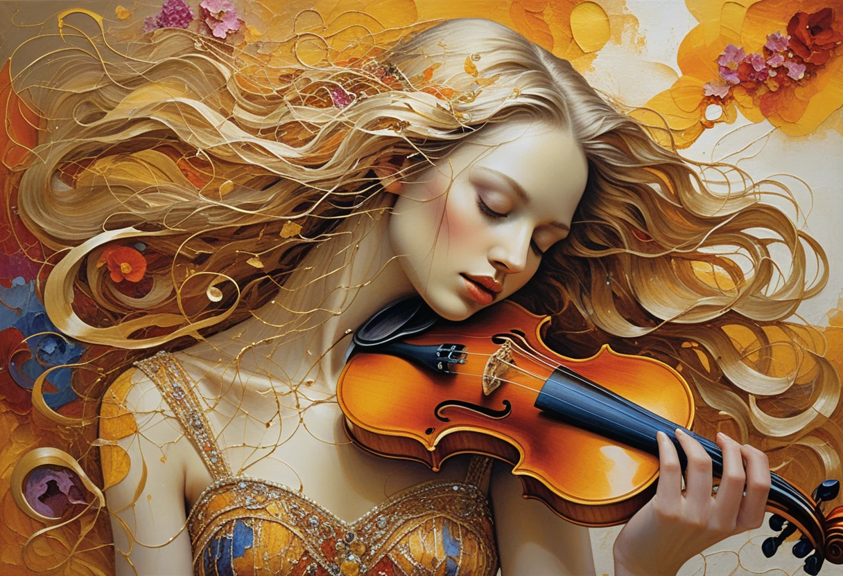 Serena mulher de cabelos dourados com violino em abstrato flamejante