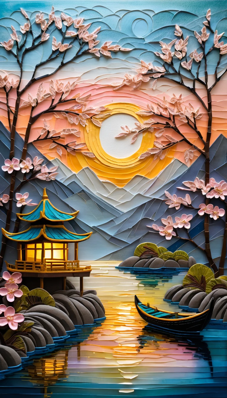 Paisagem marinha ao pôr do sol em mixed media com barco junco tradicional